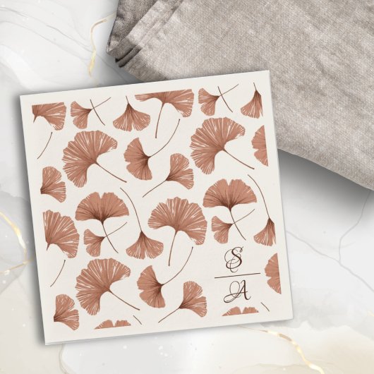 Elegant Terracotta Ginkgo Pattern Monogram Wedding Serviette