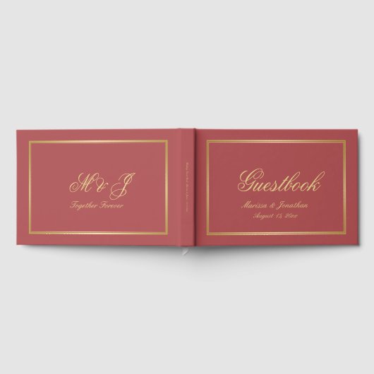 Elegant Terracotta Gold Monogram Script Wedding Gästebuch (Voll)