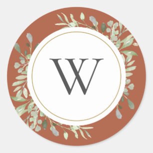 Elegant Terracotta Greenery Monogram Initial Runder Aufkleber