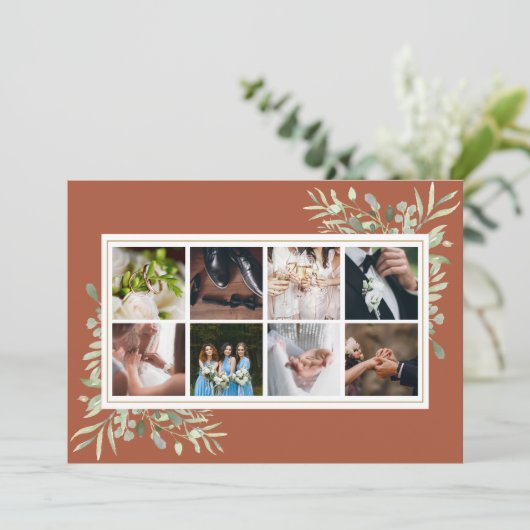 Elegant Terracotta Greenery Photo Collage Wedding Dankeskarte (Stehend Vorderseite)