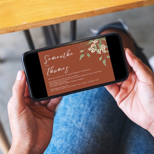 Elegant Terracotta Grünpflanzen Foliage Blätter Einladung