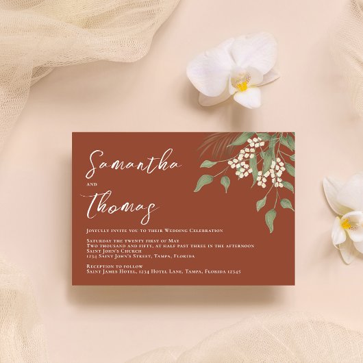 Elegant Terracotta Grünpflanzen Foliage Blätter Einladung