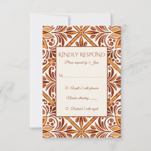 Elegant Terracotta Mexican Talavera Hochzeit RSVP Karte (Vorderseite)