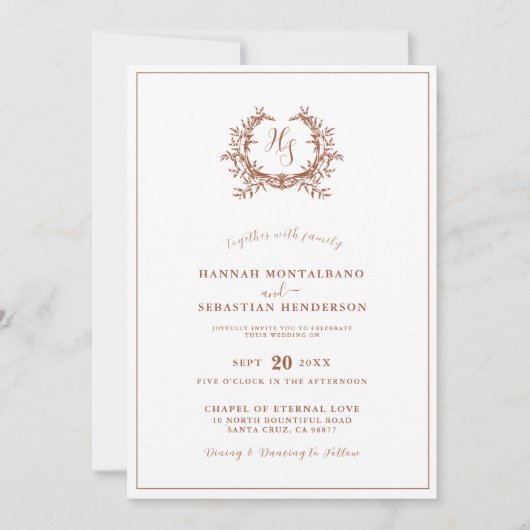 Elegant Terracotta Monogram Wappen QR Code Wedding Einladung (Vorderseite)