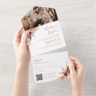 Elegant Terracotta Pampas Foto QR Code Wedding All In One Einladung
