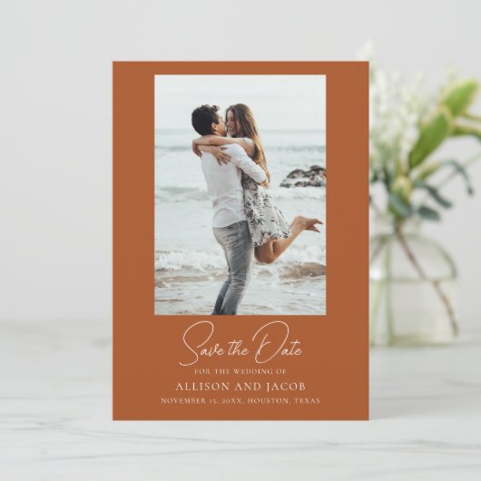Elegant Terracotta Photo Wedding Save The Date (Stehend Vorderseite)