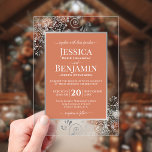 Elegant Terracotta & Silver Stylish Text Wedding Acryleinladungen<br><div class="desc">Invite your loved ones to share in your joy on your wedding day with these gorgeous acrylic invitations. The stylish terracotta & silver design features your names prominently displayed in block letters while the introduction and other notes feature fancy script calligraphy with swashes on the ends of the letters. The...</div>