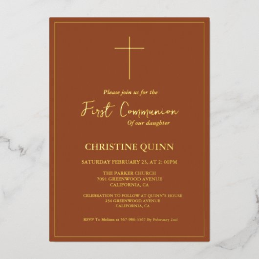 Elegant Terracotta und Gold Folieneinladung (Vorderseite)