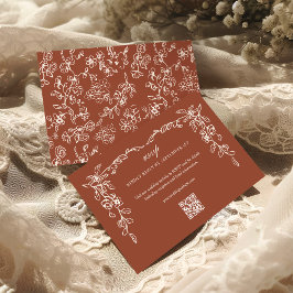 Elegant Terracotta Vintage Floral QR Code Wedding RSVP Karte