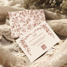 Elegant Terracotta Vintage Floral QR Code Wedding RSVP Karte