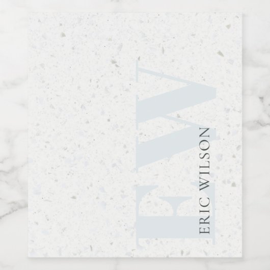 Elegant Terrazzo Stone Soft Blue Name Monogram Weinetikett (Einzelnes Label)