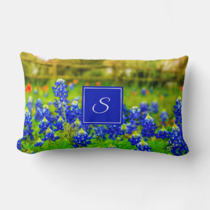 Elegant Texas Bluebonnets Blue Floral Monogram Lendenkissen