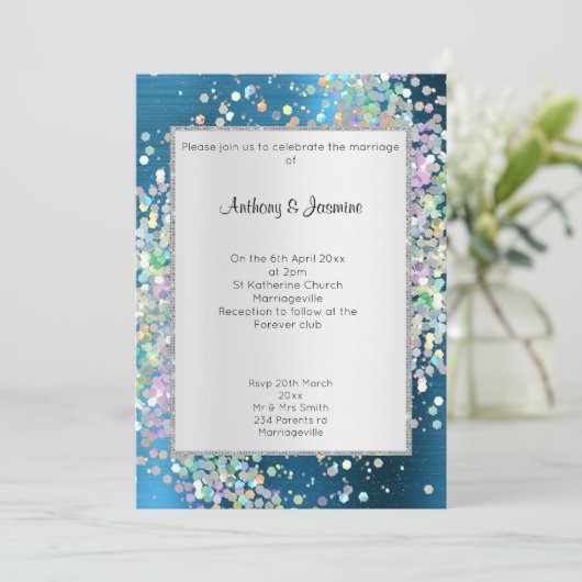 ELEGANT TEXTURED BLUE HOLOGRAPHIC PASTEL WEDING EINLADUNG (Stehend Vorderseite)