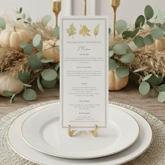 Elegant Thanksgiving Dinner Fall Leaves Menu Menükarte