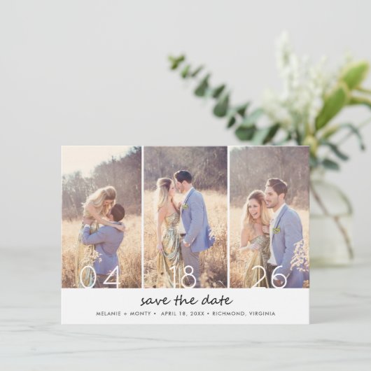 Elegant Three Foto Collage Wedding Save the Date (Stehend Vorderseite)