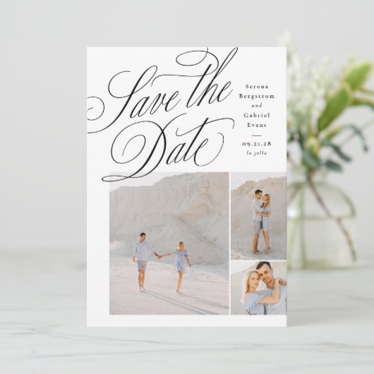 Elegant three photo black and white wedding save the date (Stehend Vorderseite)