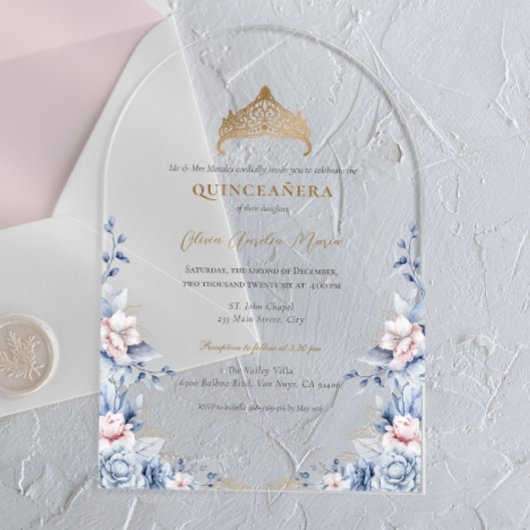 Elegant Tiara Gold Blue Rose Quinceañera Acryleinladungen