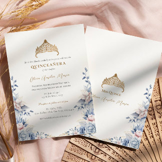 Elegant Tiara Gold Blue Rose Quinceañera Einladung