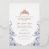 Elegant Tiara Gold Blue Rose Quinceañera Folieneinladung (Vorderseite)