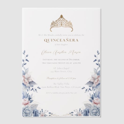 Elegant Tiara Gold Blue Rose Quinceañera Pergament Einladungen (Vorderseite)