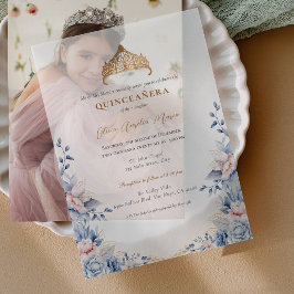 Elegant Tiara Gold Blue Rose Quinceañera Pergament Einladungen