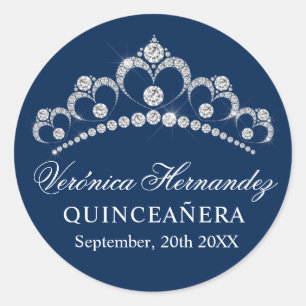 Elegant Tiara Navy Blue Spanish Quinceañera Quince Runder Aufkleber