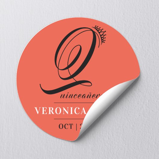 Elegant Tiara Orange Red 15. Quinceañera Name Runder Aufkleber