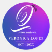 Elegant Tiara Pink Gradient 15. Quinceañera Name Runder Aufkleber (Vorderseite)