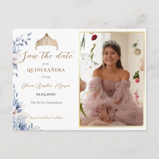 Elegant Tiara Quinceañera Foto Save the Date Ankündigungspostkarte (Vorderseite)