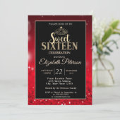 Elegant Tiara, Roter Glitzer Bokeh Sweet 16 Einladung (Stehend Vorderseite)