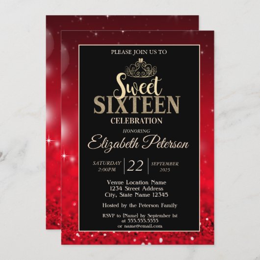 Elegant Tiara, Roter Glitzer Bokeh Sweet 16 Einladung (Vorne/Hinten)