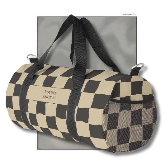 Elegant Timeless Name Beige and Dark Check Duffle Bag