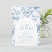 Elegant Toile De Jouy Blue Hydrangea Babydusche Einladung (Stehend Vorderseite)