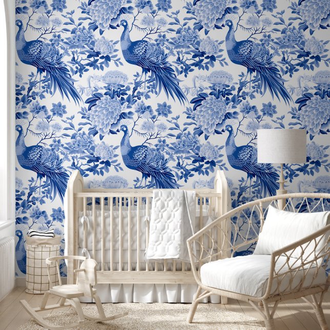 Elegant Toile De Jouy Blue White Peacock Floral Tapete (Kinder)