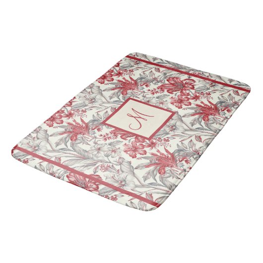 Elegant Toile de Jouy Deep Red und Subtle Gray Badematte (Schrägansicht)