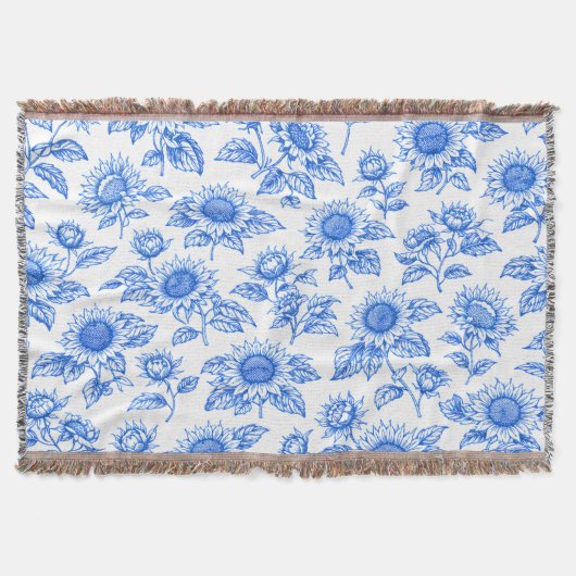 Elegant Toile du Jouy Sunflowers – Blue Botanical  Decke (Vorderseite)