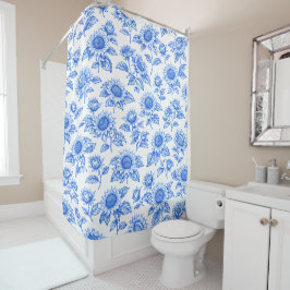 Elegant Toile du Jouy Sunflowers – Blue Botanical  Duschvorhang