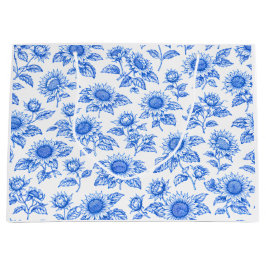 Elegant Toile du Jouy Sunflowers – Blue Botanical  Große Geschenktüte