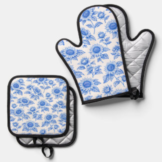 Elegant Toile du Jouy Sunflowers – Blue Botanical  Ofenhandschuh & Topflappen-Set