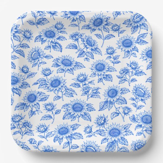 Elegant Toile du Jouy Sunflowers – Blue Botanical  Pappteller (Vorderseite)