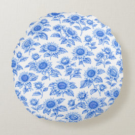 Elegant Toile du Jouy Sunflowers – Blue Botanical  Rundes Kissen