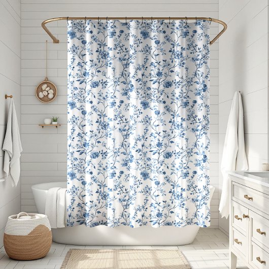 Elegant Toile Floral Pattern Blue and White Duschvorhang