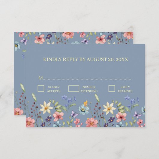 Elegant Traditiona Floral Dusty Blue Wedding RSVP (Vorne/Hinten)