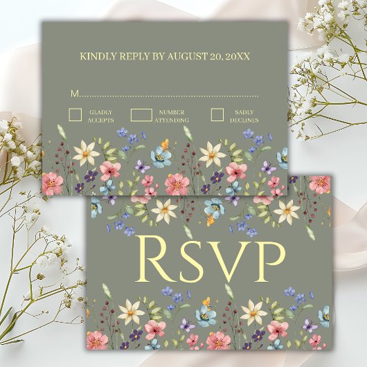 Elegant Traditiona floral Sage Green Wedding RSVP Begleitkarte