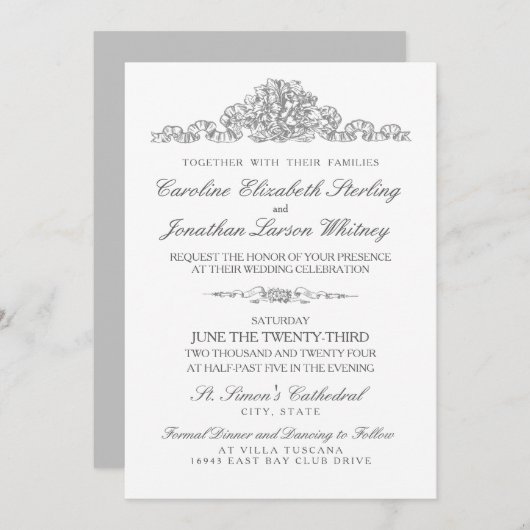 Elegant Traditional | Versailles Gray Wedding Einladung (Vorne/Hinten)