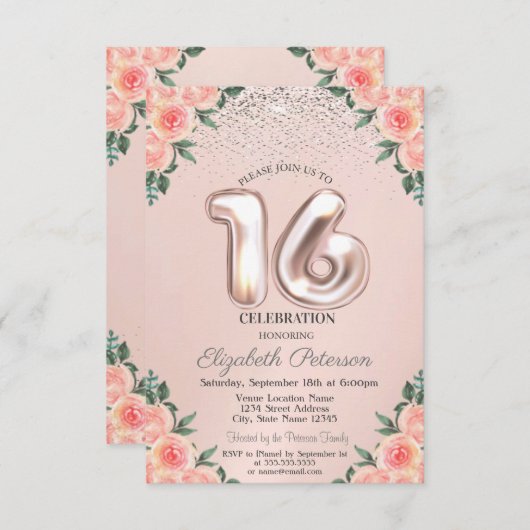 Elegant Trendy Confetti Blume Sweet 16 Einladung (Vorne/Hinten)