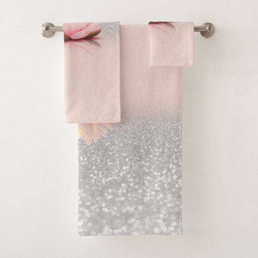 Elegant Trendy Girly, Lotus Silver Glitzer Bokeh Badhandtuch Set (Insitu)