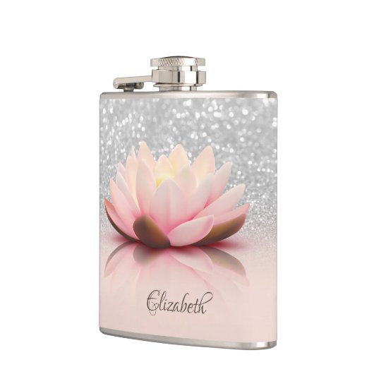 Elegant Trendy Girly, Lotus Silver Glitzer Bokeh Flachmann (Links)