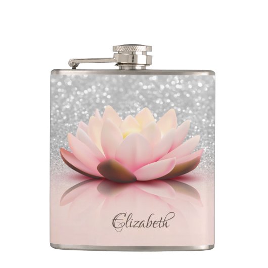 Elegant Trendy Girly, Lotus Silver Glitzer Bokeh Flachmann (Vorderseite)