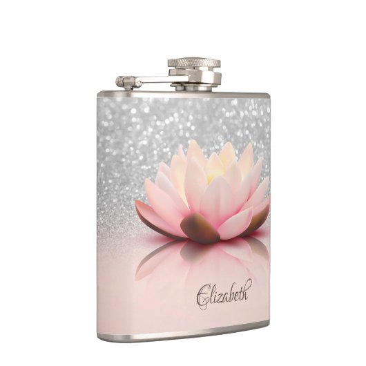 Elegant Trendy Girly, Lotus Silver Glitzer Bokeh Flachmann (Rechts)